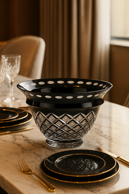 Noctura Crown Bowl on a pale table beside a crystal glass and dark plate