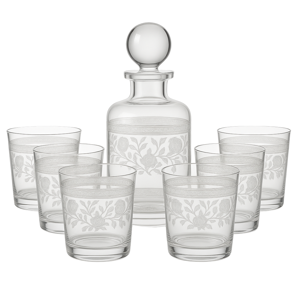 {{ vendor }} Filigrae Decanter & Tumbler Set (7-Piece) — handcrafted luxury glassware