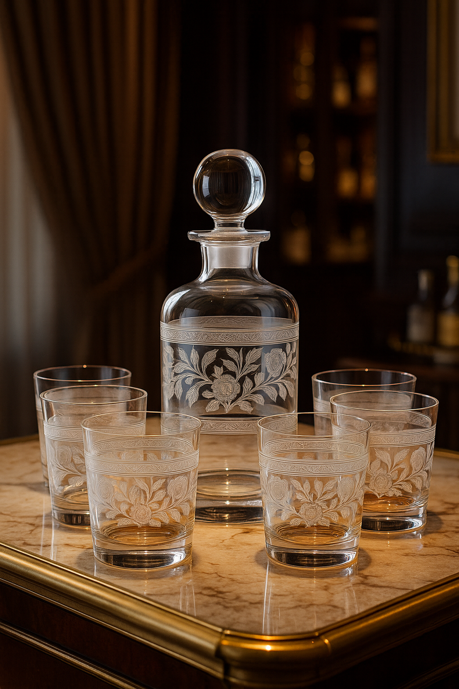 Filigrae Decanter & Tumbler Set (7-Piece) in an interior setting
