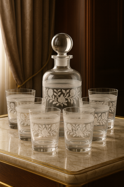 Filigrae decanter and tumblers with clear pours grouped by a softly draped window