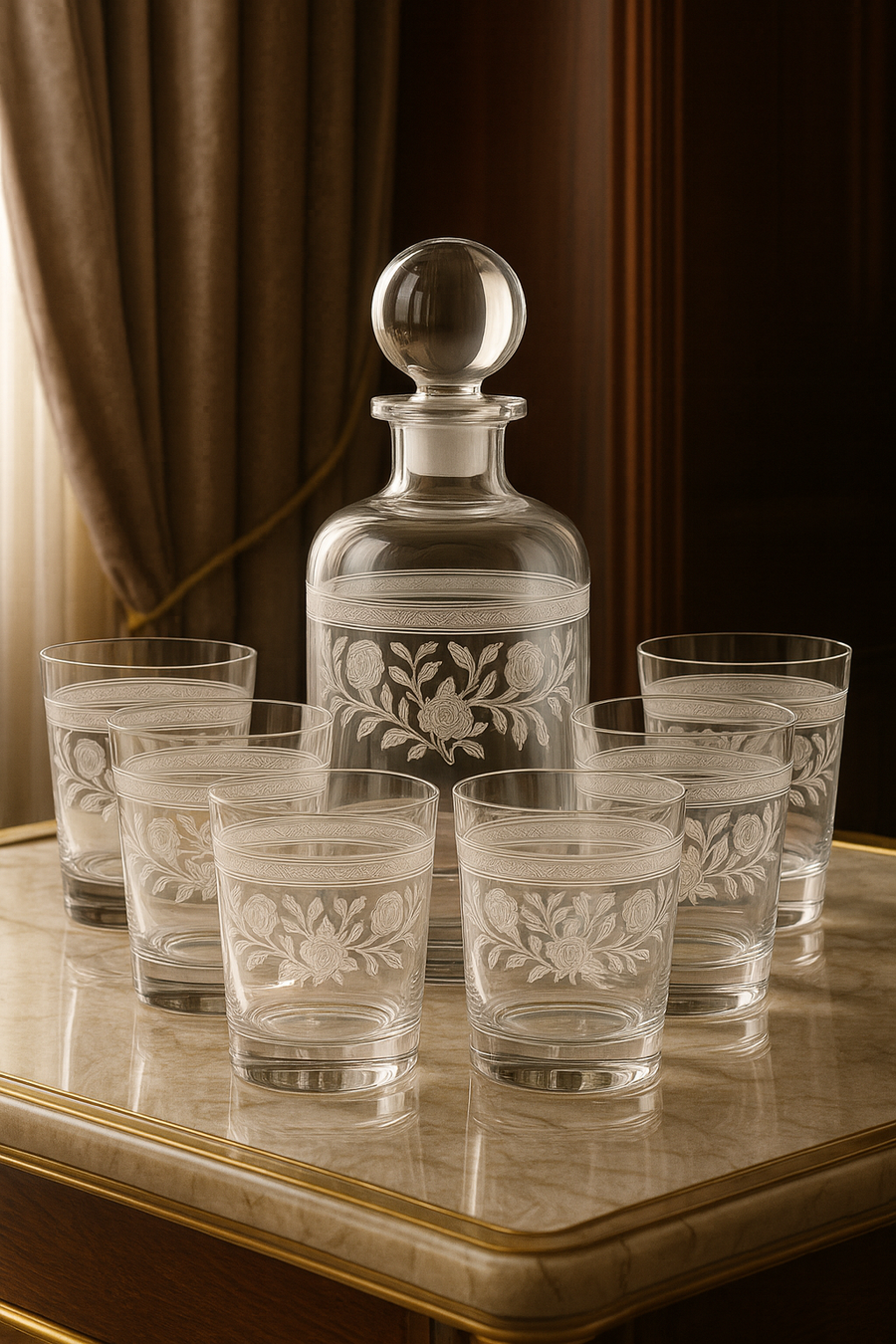 Filigrae Decanter & Tumbler Set (7-Piece) in an interior setting
