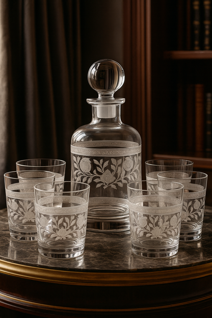 Filigrae decanter and six tumblers arranged on a round brass tray in a library