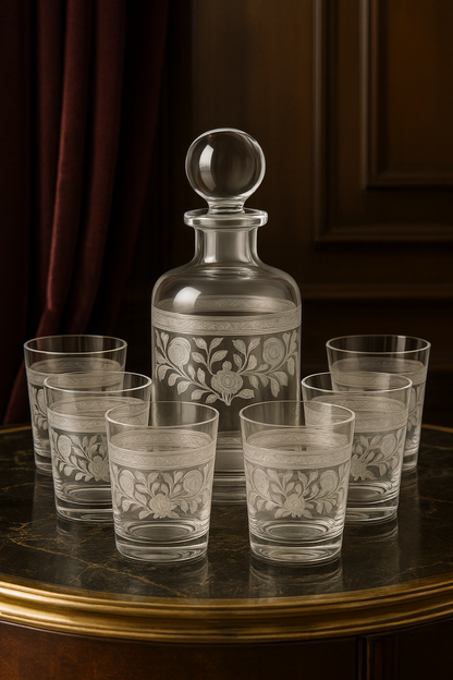 Filigrae decanter and tumblers displayed on a round tray against warm paneled walls