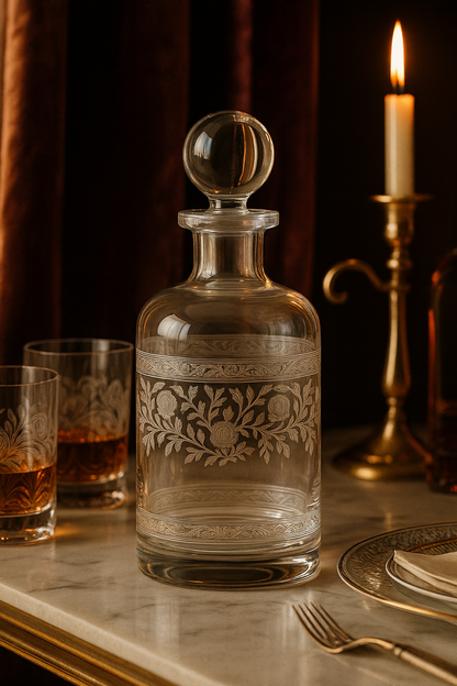 Filigrae Decanter beside a candle and formal place setting