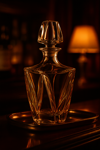 Calyx Decanter glowing on a dark wood table beside a shaded lamp in a library