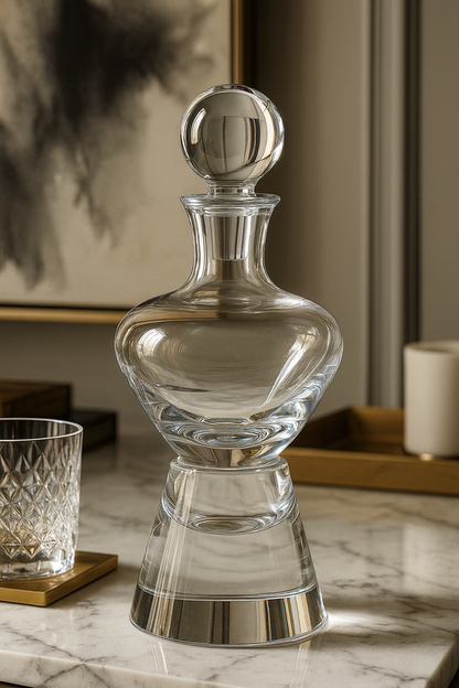 Orbis Decanter on a marble console beside a patterned tumbler and abstract wall art