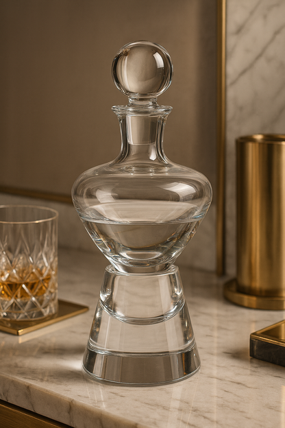 Orbis Decanter on pale marble beside a low tumbler and brushed metal accessories