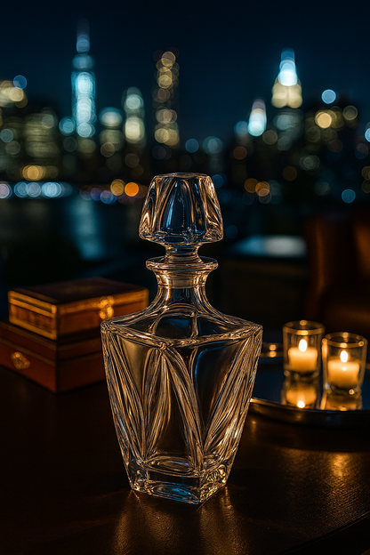Calyx Decanter beside books and candlelight with a city skyline beyond the window