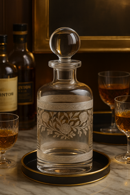 Filigrae Decanter displayed on a marble bar beside two clear tumblers
