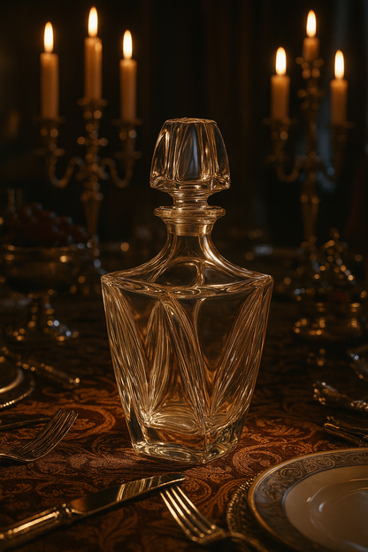 Calyx Decanter centered on an ornate dining table surrounded by tall candles