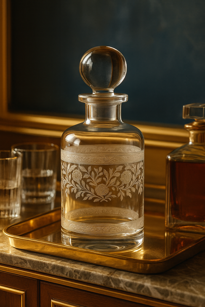 Filigrae Decanter on a brass tray against a dark panelled wall