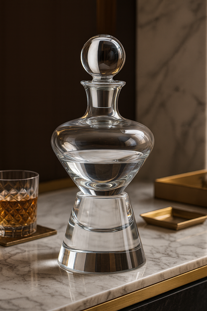Orbis Decanter on a marble bar beside an amber-filled tumbler in a dark interior