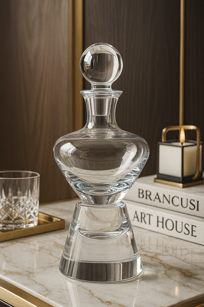 Orbis Decanter on a marble console beside a lantern and an Art House book
