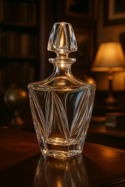 Calyx Decanter on a polished library desk beside a shaded lamp and books