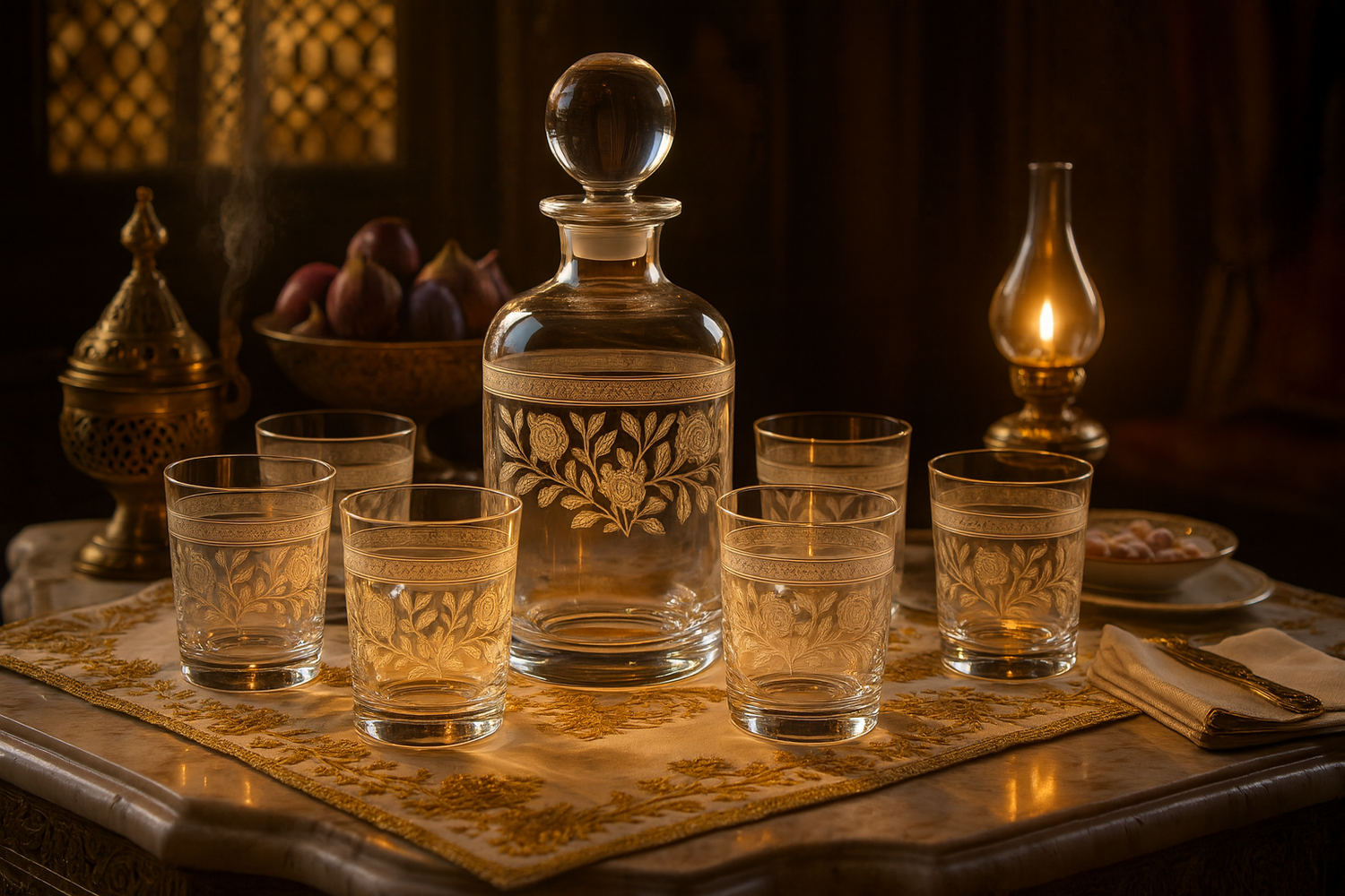 {{ vendor }} Filigrae Decanter & Tumbler Set (7-Piece) — handcrafted luxury glassware