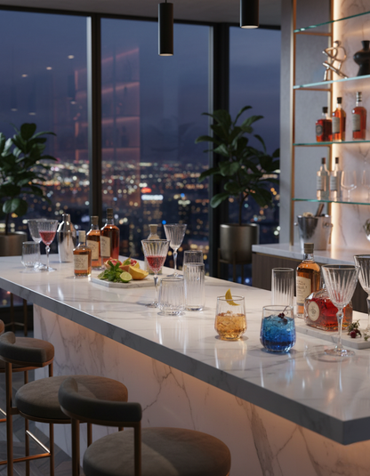 Altisse glassware arranged with colourful drinks on a high-rise bar counter at dusk