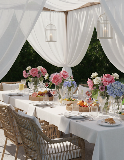 Altisse glassware set across an outdoor dining table with pink flowers