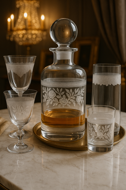 Filigrae decanter with an amber drink flanked by a goblet and highball beneath a chandelier.