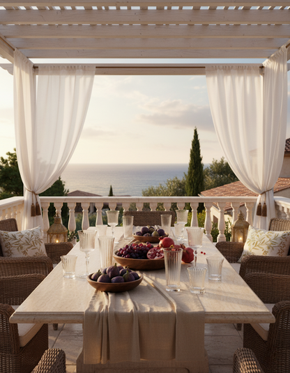 Altiera glassware set on an open-air dining table overlooking the sea at sunset