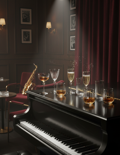 Altisse goblets, highballs and tumblers lined across a grand piano
