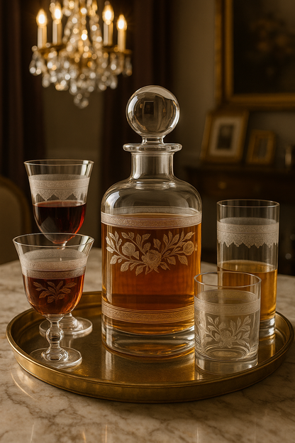 Filigrae glassware set on a round gold tray with amber and red drinks beneath a chandelier.