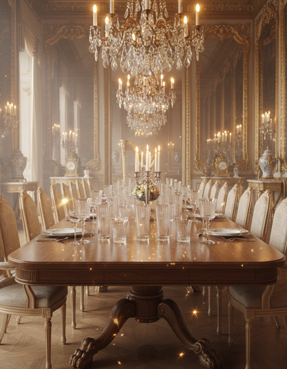 Altiera glassware set lining a grand dining table beneath chandeliers and candlelight