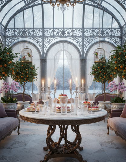 Altiera glassware set displayed on a round table in a bright conservatory with flowers