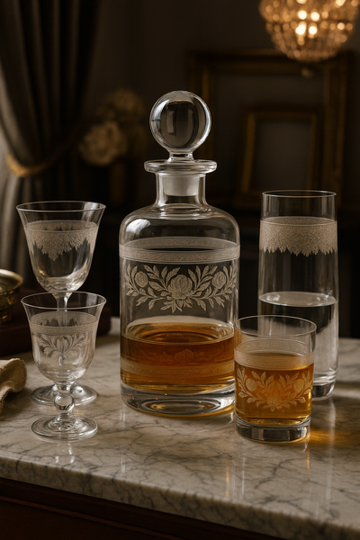 Filigrae decanter and mixed stemware on a marble table with red and clear drinks.