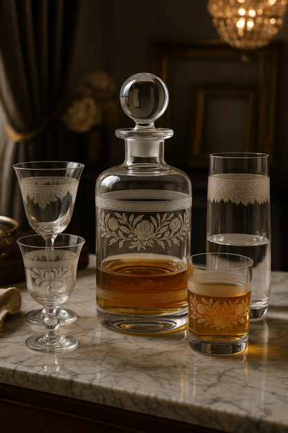 Filigrae decanter and mixed stemware on a marble table with red and clear drinks.