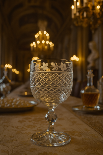 Gardis Cordial Goblet centered on a formal dining table beneath glowing chandeliers
