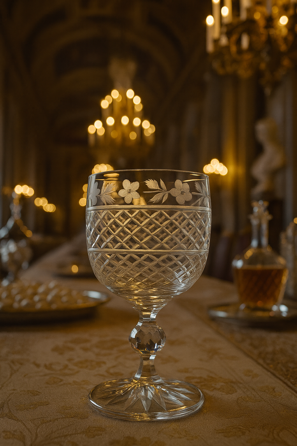 Gardis Cordial Goblet centered on a formal dining table beneath glowing chandeliers