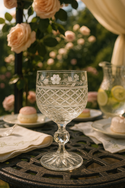 Gardis Cordial Goblet set for garden tea among roses, pastries and embroidered linen