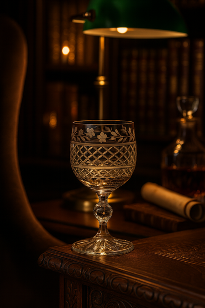 Gardis Cordial Goblet on a carved library table beside books and a green shaded lamp
