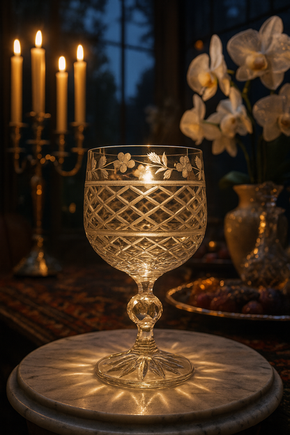 Gardis Cordial Goblet on a candlelit side table with orchids in a dark interior