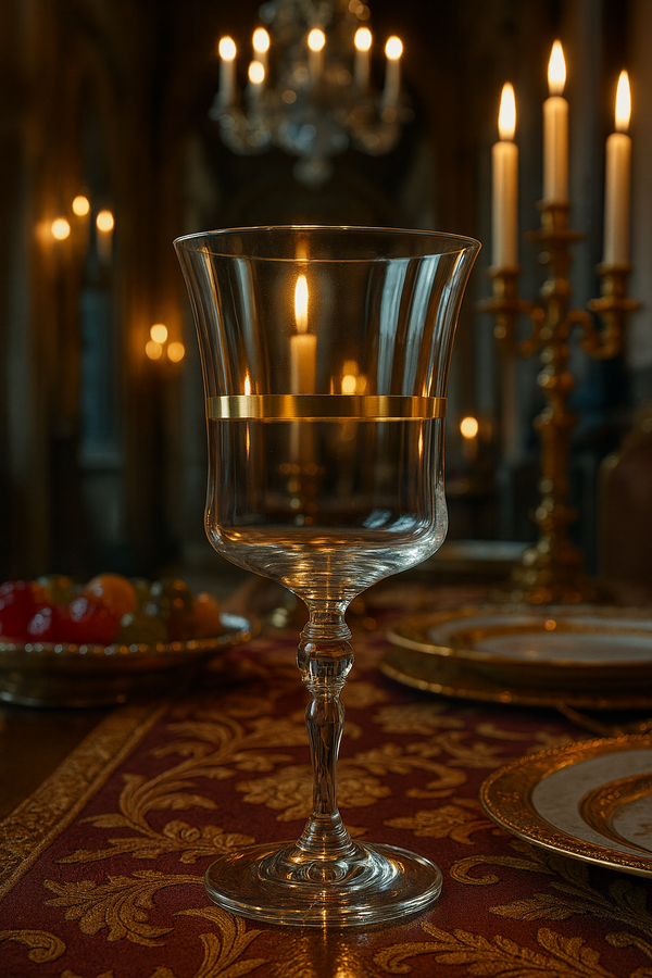 Corda Gold Goblet on a patterned table beside candles and fruit