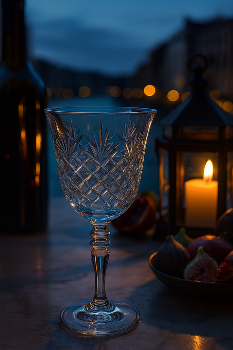 Stellara Goblet on a candlelit outdoor table beside a lantern overlooking dark hills.