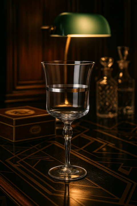 Corda Plat Goblet on a black inlaid desk beneath a green library lamp