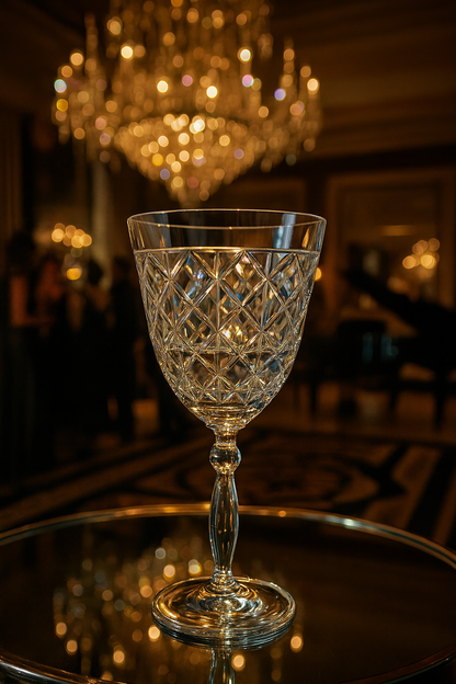Diamara Goblet displayed on a mirrored tray beneath a chandelier in a dark dining room