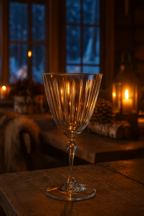 Altisse Goblet on a candlelit library table before a blue evening window