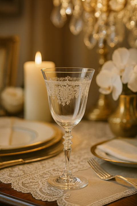 Filigrae Goblet at a cream and gold candlelit place setting with white orchids.