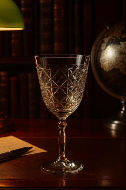 Diamara Goblet on a writing desk beside an antique globe in a book-lined library
