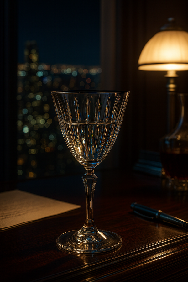 Altisse Goblet on a writing desk with books, lamp and city lights