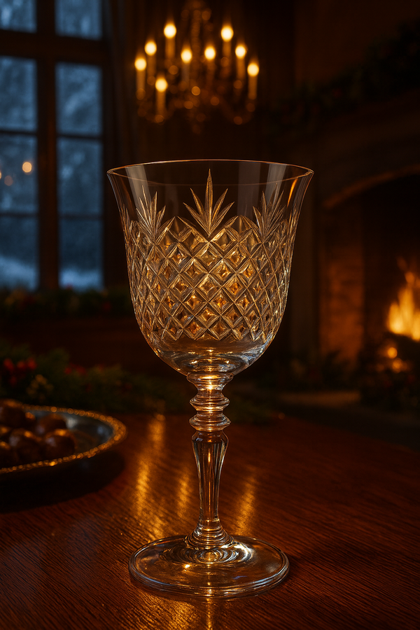 Stellara Goblet on a polished wood table in front of a glowing fireplace.