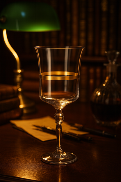 Corda Gold Goblet with amber liquid beside books under a green lamp
