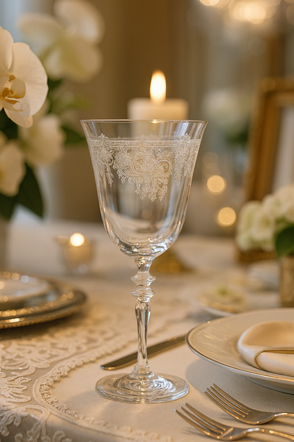 Filigrae Goblet centered beside a white orchid before a candlelit mirror.