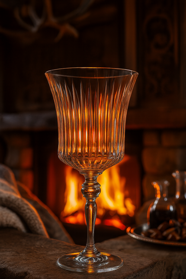 Altiera Goblet with an amber drink on a hearth table in front of a fire.