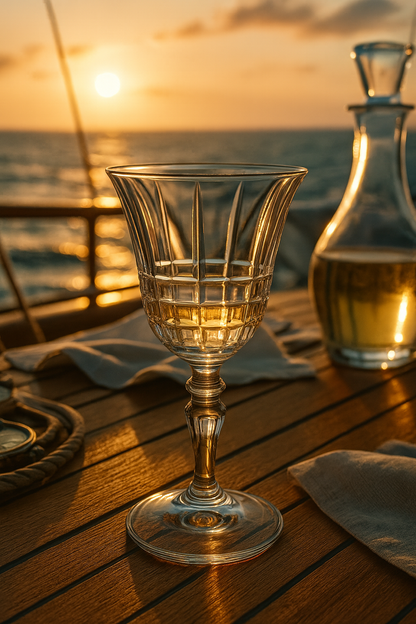 Granora Goblet with a pale pour on a wooden terrace table beside the sea at sunset