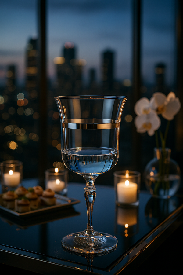 Corda Plat Goblet on a candlelit balcony table overlooking city lights