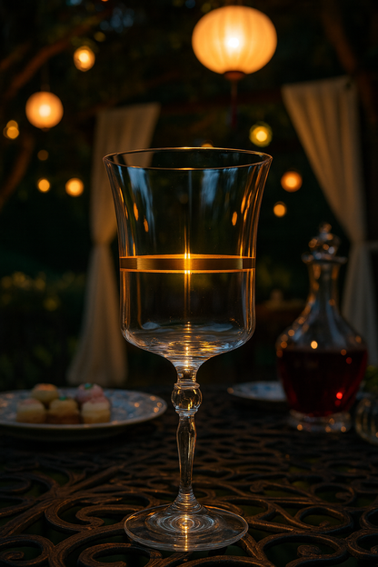 Corda Gold Goblet on a dark patterned table beside pastries and lanterns