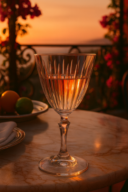 Altisse Goblet with pink liquid on a marble terrace table at sunset